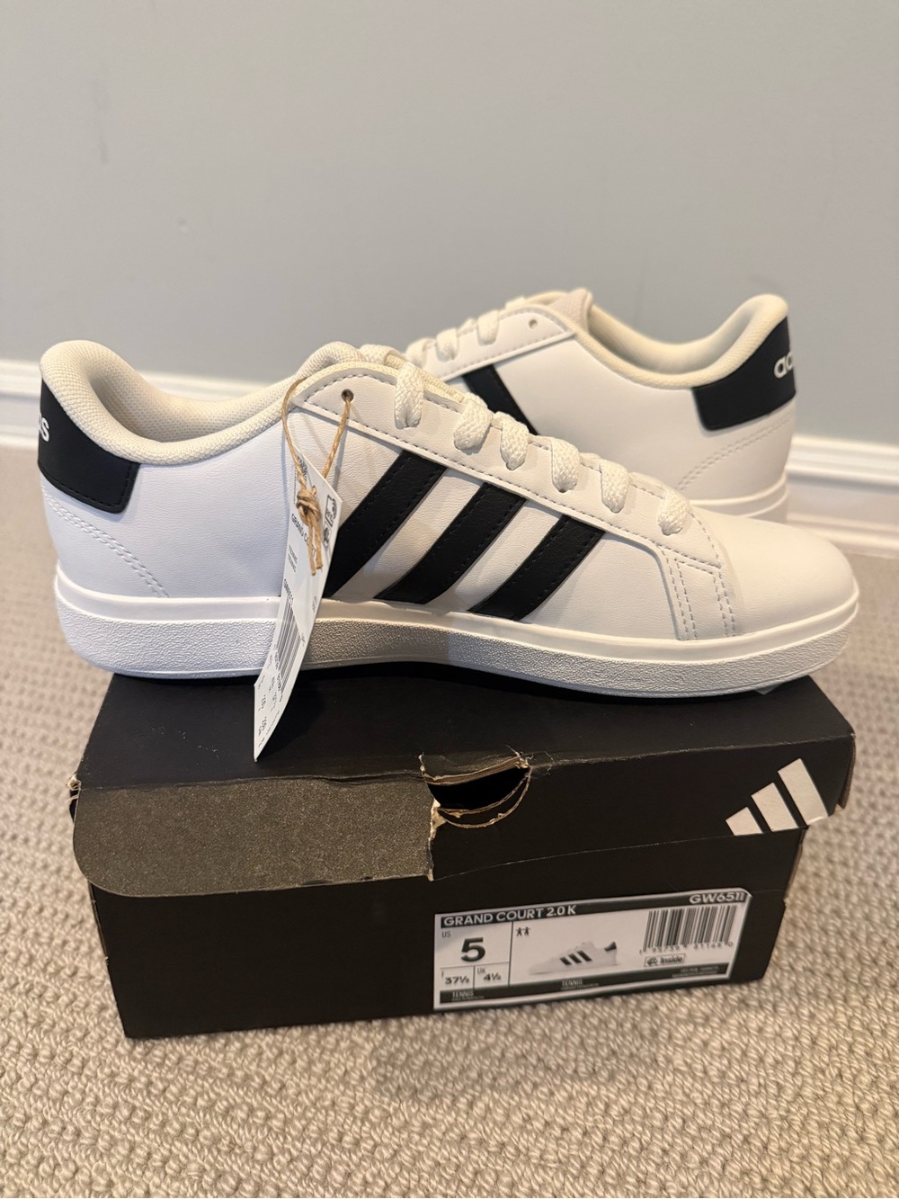 adidas Grand Court 2.0 K White Sneakers with Black Accent